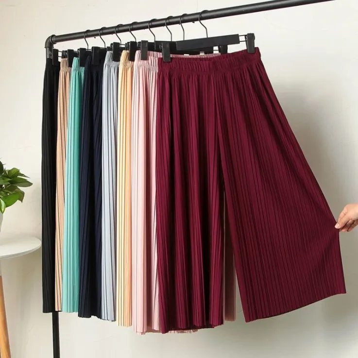 

Korean Summer Women Chiffon Pants Ladies Casual Elastic High Waist Wide Leg Pants Female Fashion Loose Pleated Pants Trousers 28