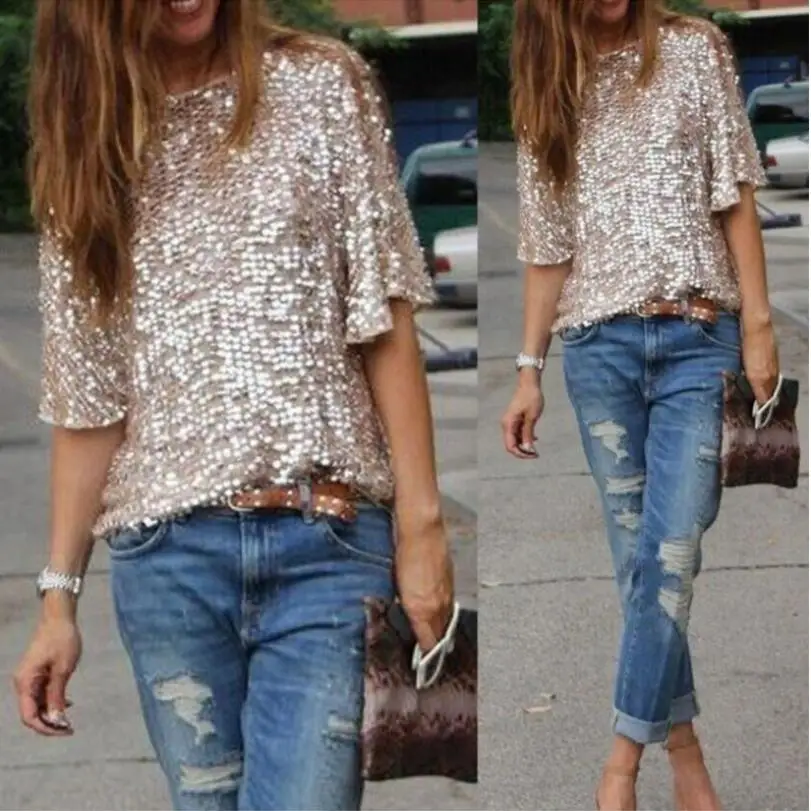 

Ladies Off-shoulder Sexy Slim Loose Shirt Top Glistening Sequin T-shirt Tshirts Tees Boutique