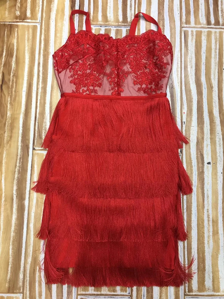 Одежда высшего качества пикантные без рукавов Красный кружево облегающее платье с кисточками Новинка года поступления Модельер вечернее платье Vestido