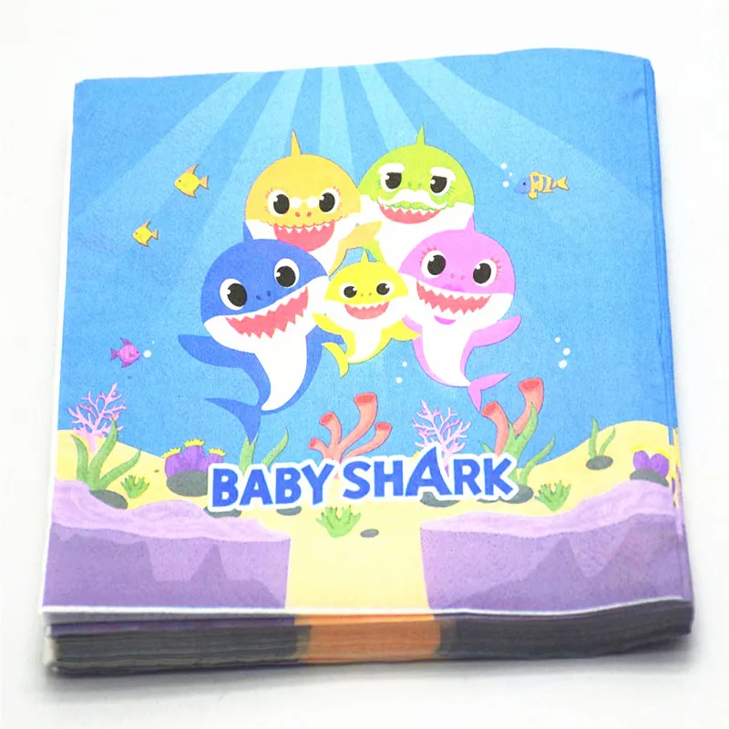 

20pcs/lot disposable paper napkins tablewares baby shark design birthday party decor supplies for children home shower favors