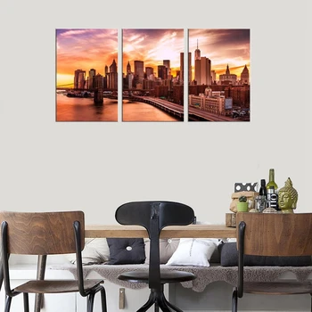 

Canvas Painting Wall Art New York City Skyline Sunset Printed Artwork Wall Decor River Bridge Road Poster for Home Decor Gifts