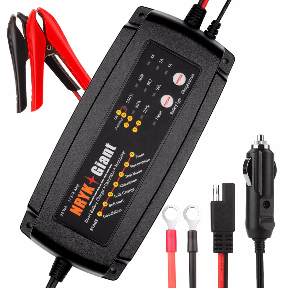 

24V 1A/2A/4A Selectable Smart Car Battery Charger 7-Stage Maintainer & Desulfator for AGM GEL WET Batteries 6-160AH