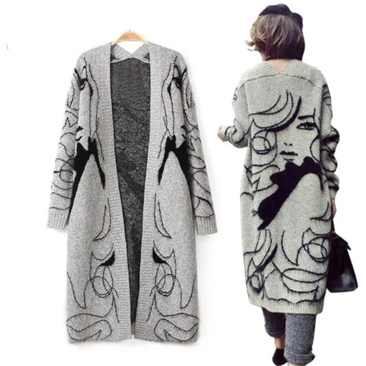 

New Winter Autumn Women Casual Long Sleeve Knitted Cardigans Rabbit Hair Blend Knitted Cardigans Ladies print jumper Sweaters
