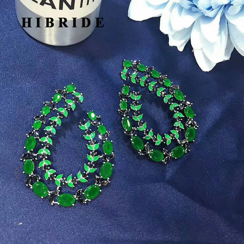 

HIBRIDE Beautiful Olive Branch Green Cubic Zirconia Women Stud Earring Trendy European Style Earring Brincos Female Gifts E-554