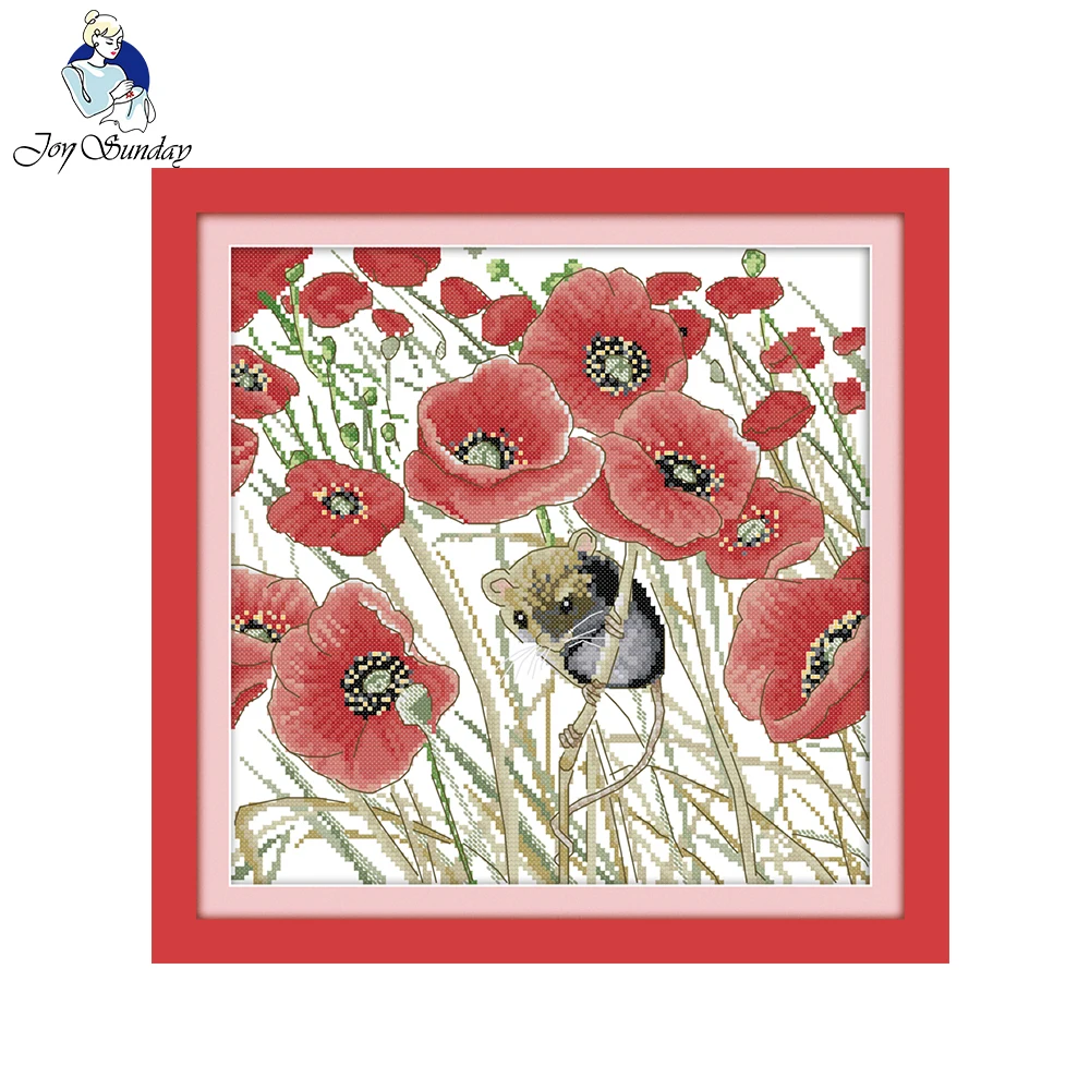 

Joy Sunday Needlework 14CT 11CT Printed Cross Stitch Sets for Embroidery Kits Poppy and Mouse Pattern Cross-Stitching Home Decor