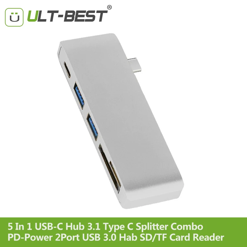 ULT-BEST 5 в 1 Многофункциональный USB-C HUB 3.1 Тип c Splitter Combo Мощность доставки PD-Мощность 2 Порты и разъёмы USB 3.0 вцв SD/TF Card Reader