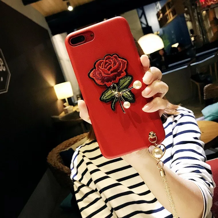 Embroidery Rose Mobile Phone Cases For Samsung J7 Plus Pearl Tassel ...