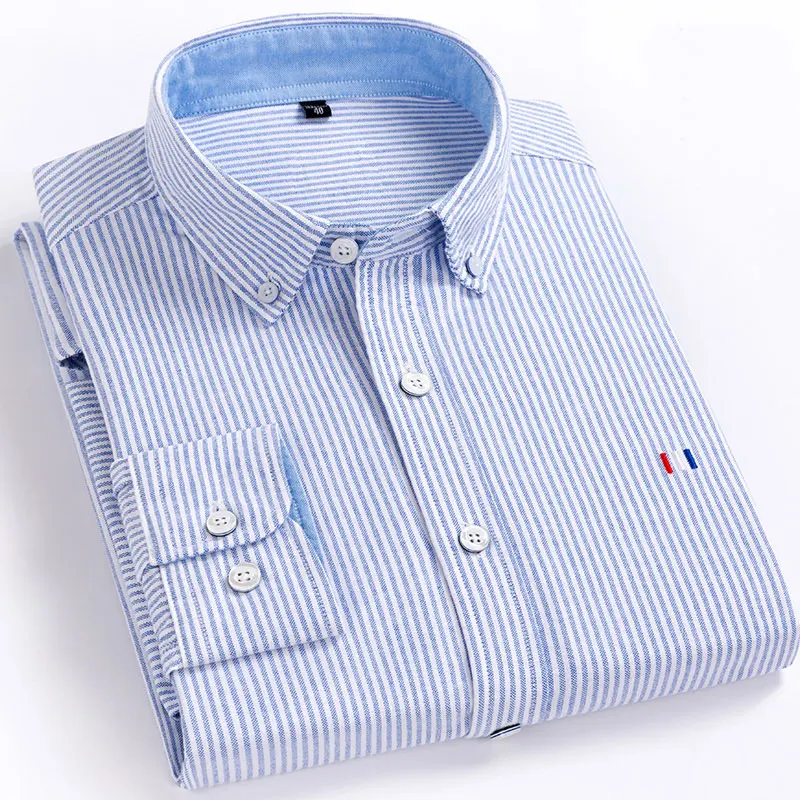 

Luxury High Quality 100% Cotton Men's Casual Oxford Shirts Long Sleeved Button-down Collar Soft Patchwork Social Striped Shirt
