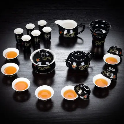 Весь набор чайных чашек чайники керамика цвет красный, желтый черный глазури Jinlong Тан стихи кунг-фу чайный сервиз - Цвет: 17 Sets