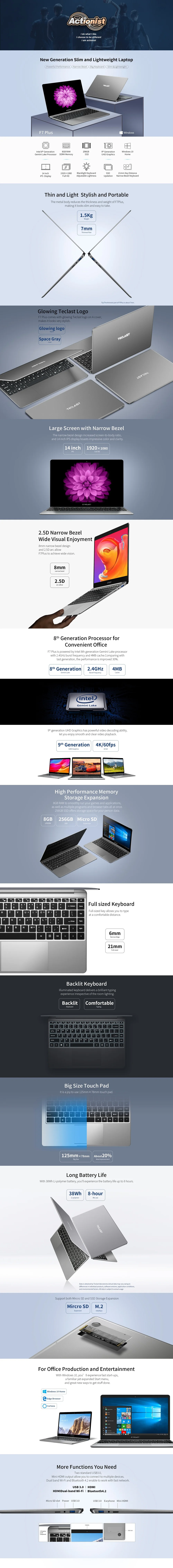 Ноутбук Teclast F7 Plus 14,0 дюймов ips Windows 10 домашний процессор Intel Gemini Lake N4100 четырехъядерный процессор 1,1 ГГц 8 Гб ОЗУ 256 ГБ SSD HDMI ноутбук