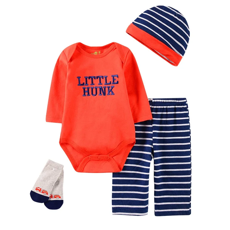 Комплекты одежды с длинными рукавами для малышей, хлопковая одежда для маленьких девочек, костюм для новорожденных мальчиков, 4 предмета, Детский комбинезон с длинными рукавами+ брюки+ носки+ нагрудник - Цвет: Color as photo