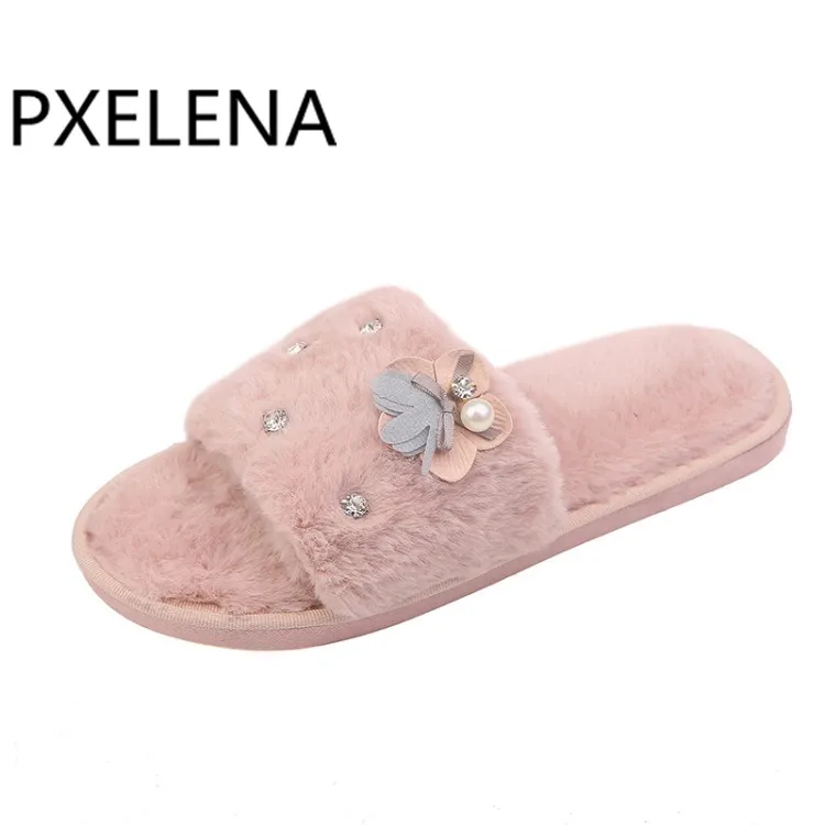 PXELENA/7 стильные зимние теплые домашние тапочки для девочек с украшением в виде