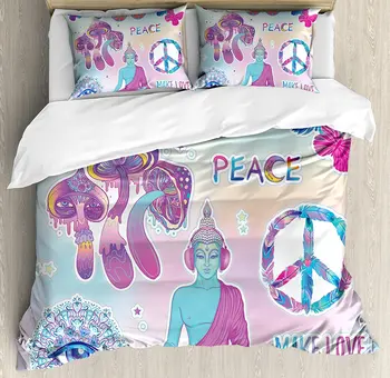 

Duvet Cover Set , Psychedelic Tripping Mushrooms All Seeing Mandala Butterflies Peace Make Love Print, 4 Piece Bedding Set