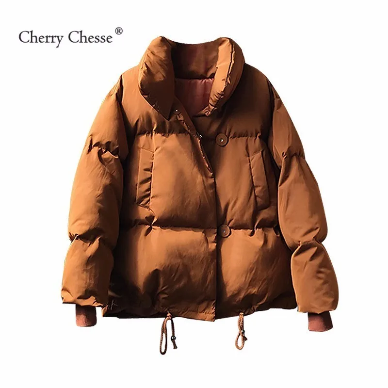 Cherry Chesse Women Winter Thick Parkas Long Sleeve Drawstring Button Pocket Turn Down Collar Padded Female Warm Coat Fashion Cherry Chesse Women Winter Thick Parkas Long Sleeve Drawstring Button Pocket Turn Down Collar Padded Female Warm Coat Fashion