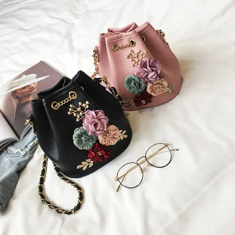 

Handmade Flowers Bucket Bags Mini Shoulder Bags With Chain Drawstring Small Cross Body Bags Pearl Bags Leaves Decals