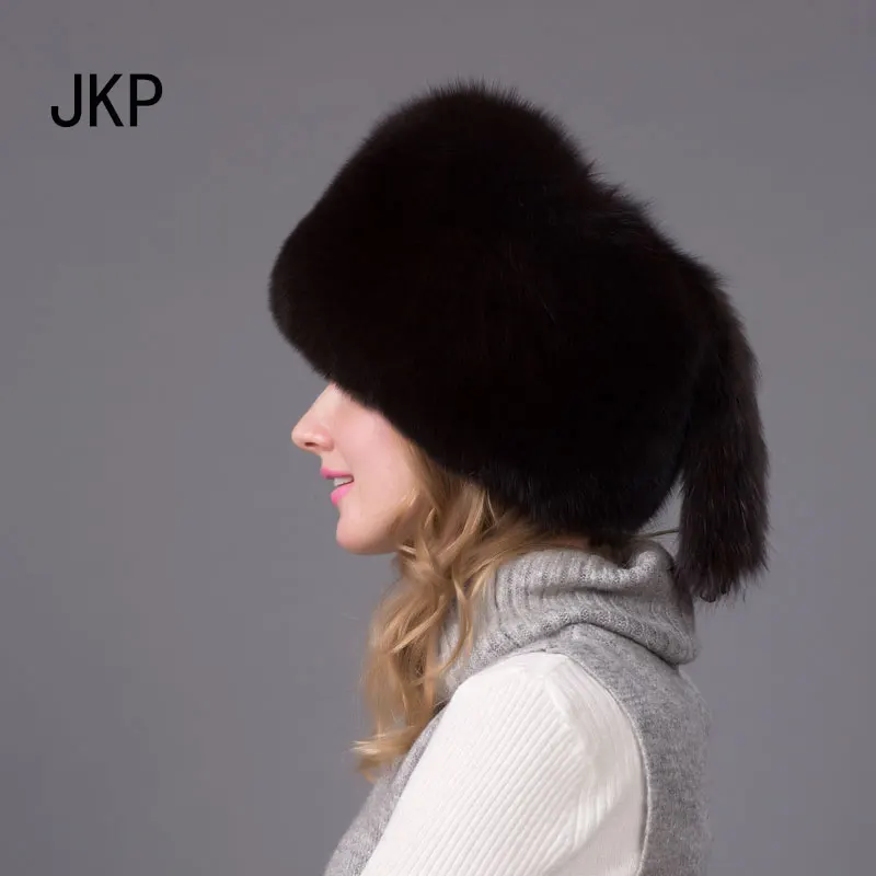 JKP, новинка, настоящая женская зимняя теплая шапка из натурального Лисьего меха, шапки Авиатор из русского меха, Лыжные шапки, модные шапки-бомберы для взрослых, HJL-01