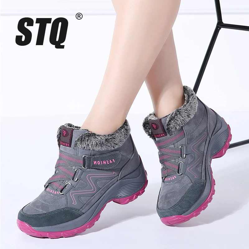 

STQ 2019 Winter women snow boots women warm push ankle boots female high wedge waterproof boots rubber hiking boots shoes 6139