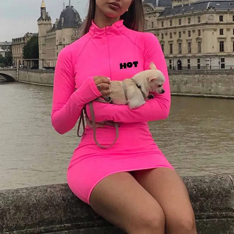 

NORMOV Summer Dress Women Sexy Skinny Turtleneck Dress Zipper Front Long Sleeve Solid Color Slim Letter High Waist Mini Dress