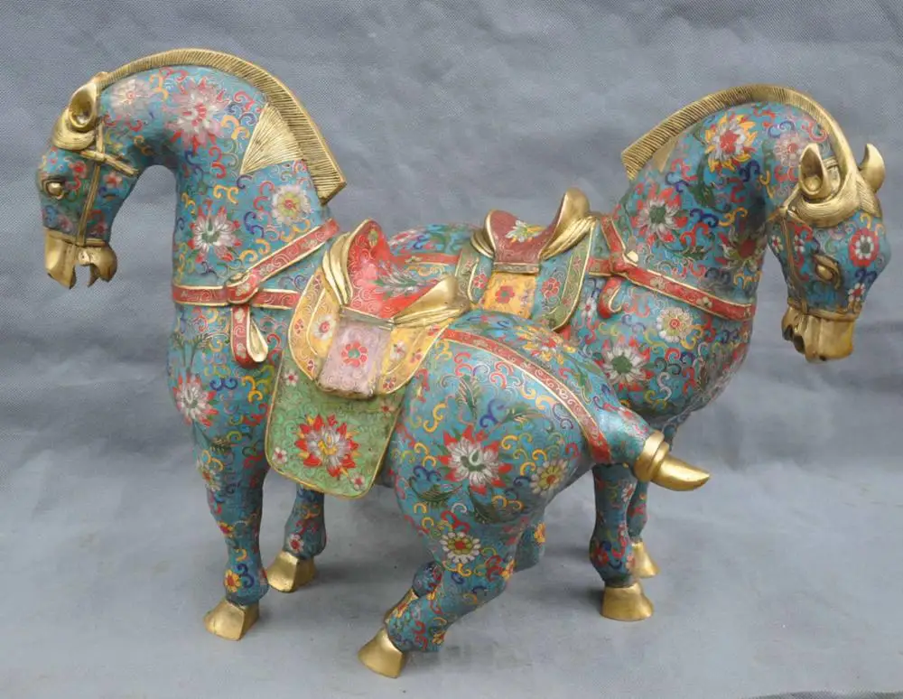 

19" China Bronze Copper Cloisonne General War Horse Flowers Statue One Pair QQ @@ EW