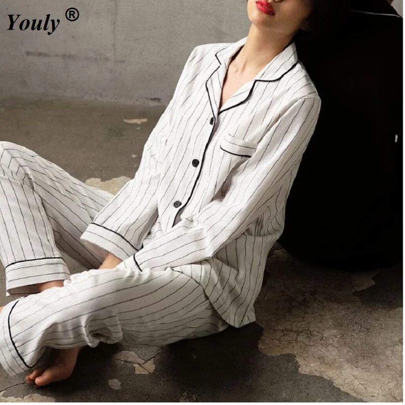 Pajamas Sets Women Striped Casual Cotton Long Sleeve Sleepwear Suit 2 Piece Sets Spring Homewear Lounge Pants Suits
