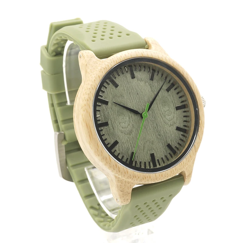BOBO BIRD B06 Original Bamboo Case Green Dial Wood Watch Mens Fashion Quartz Watch with Green Silicon Band holz armbanduhr