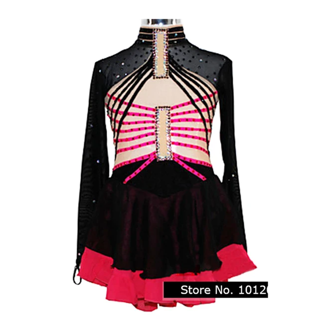Cheap Customized Costume Ice Skating Figure Skating Dress Gymnastics Adult Child Girl Skirt Competition Red Black Rhinestone Pink