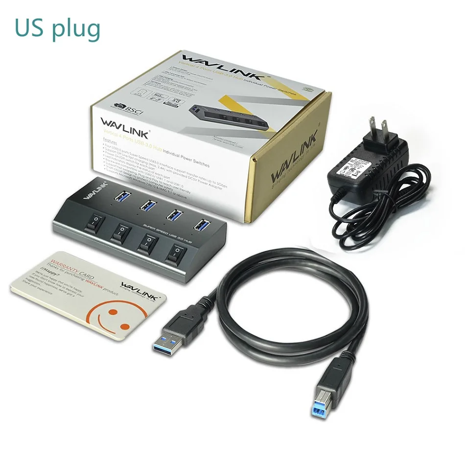 Wavlink алюминиевый usb-хаб 3,0 с адаптером питания Переключатель ВКЛ/ВЫКЛ высокоскоростной 4/7 портов USB 3,0 концентратор EU/US/UK Разъем для ноутбука MacBook - Цвет: WL-UH3049-A-US