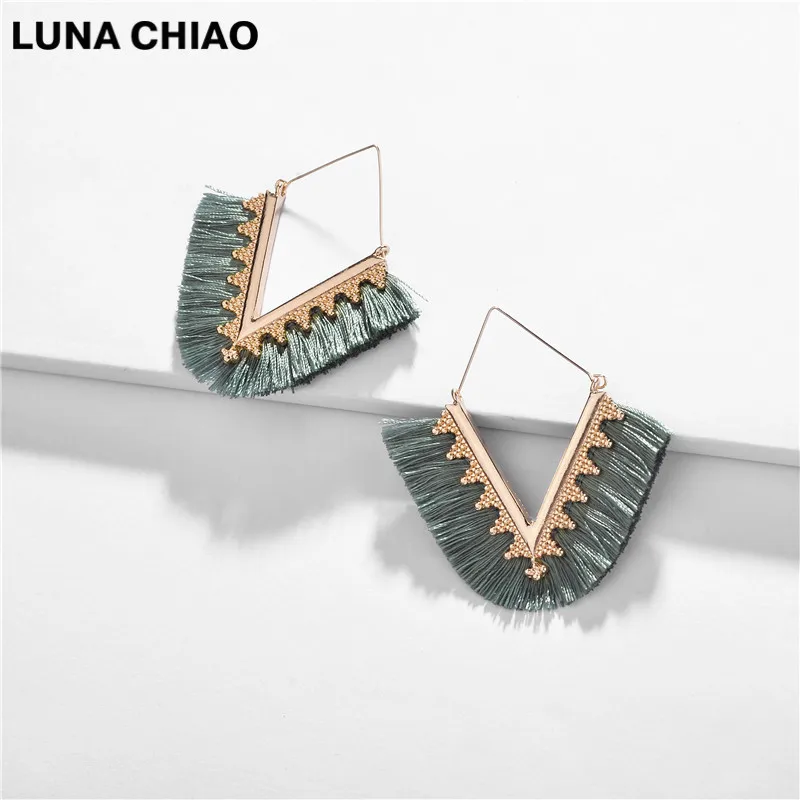 

LUNA CHIAO 2019 New Trendy V shape Fringed Tassel Drop Earring for Women Big Statement Dangle Earrings