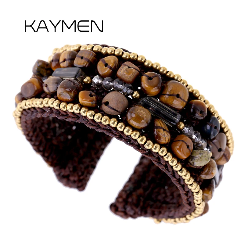 

New Arrivals Bohemia Beaded Tiger Eyes Stone Cuff Bracelet Handmade Statement Chunky Bangle Costume Jewelry for Women Girls Gift