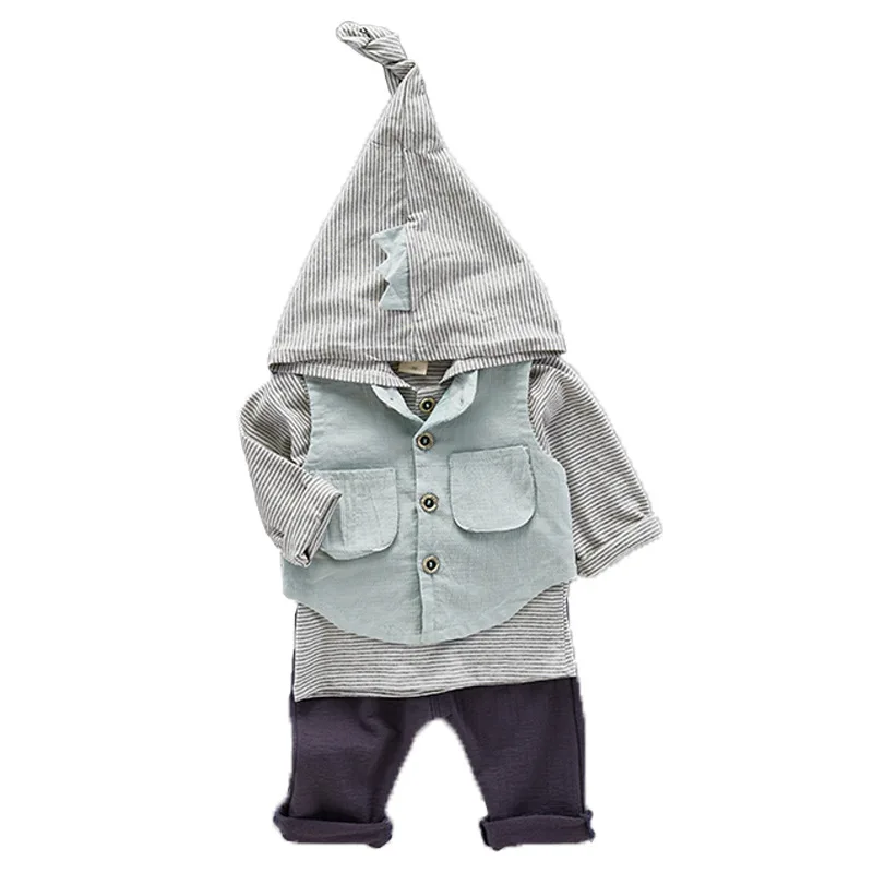 

3PCS WLG toddler boys clothes kids spring sky blue vest striped hooded t shirt and pant set baby casual clothes 9-36 months