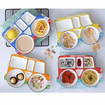

1pcs Creative Car Design Cartoon Ceramic Kids Children Baby Dinner Dish Snacks Plate Divided Lattice Dinnerware Tableware Gift