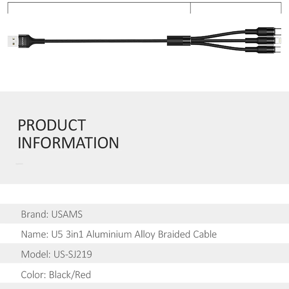 USAMS 3 в 1 кабель для передачи данных для мобильного телефона type C Micro USB для iPhone X 8 7 6 iPad Зарядка samsung Microusb USB C для освещения кабель