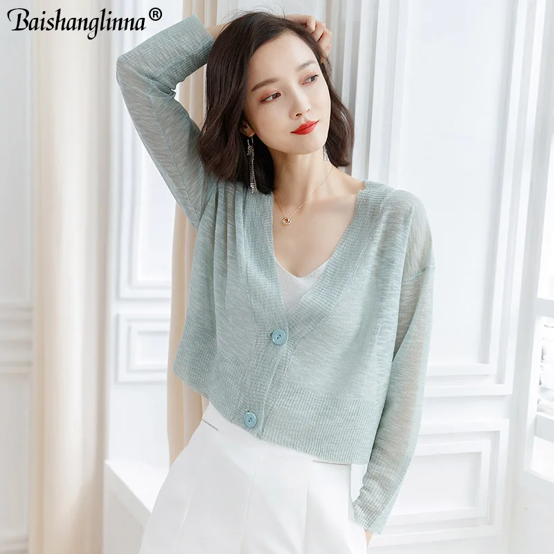 

Baishanglinna Knitted Cardigan Sweater 2019 Summer Women Simple Solid Straight Bottom Wearing Sweater Fashion Cardigan Female