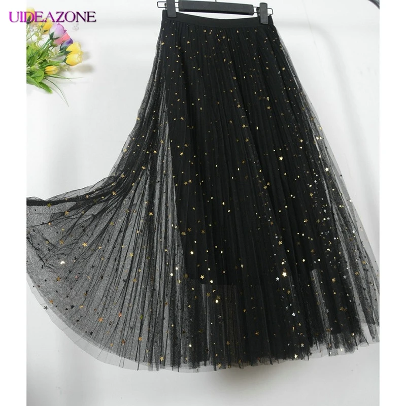 UIDEAZONE, корейский стиль, женская юбка, новинка, сетка, звезда, длинная, высокая талия, сплошной цвет, расшитая блестками, плиссированная юбка для женщин