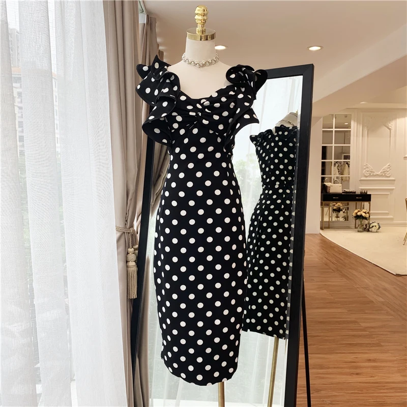 

HIGH STREET 2019 Designer Runway Dress Women's Butterfly Sleeve Dot Print Pencil Dress