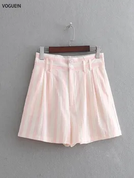 

VOGUEIN New Womens Fashion Casual Pink Striped Print Zipper Short Pants Shorts Wholesale