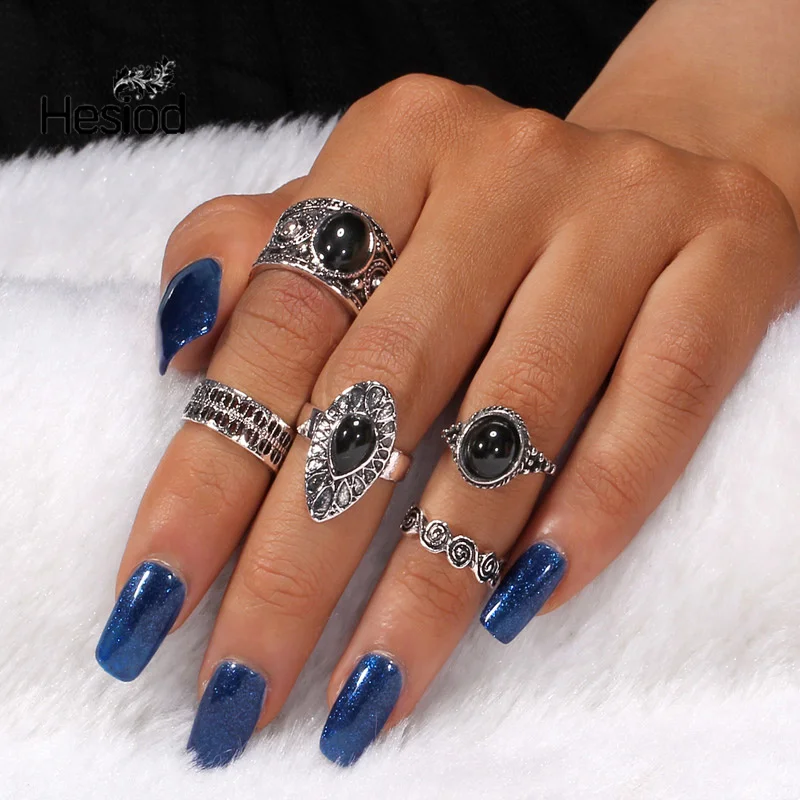 

Hesiod 5pcs Bohemia Antique Gold Silver Ring Black Stone Geometric Midi Ring Set for Women