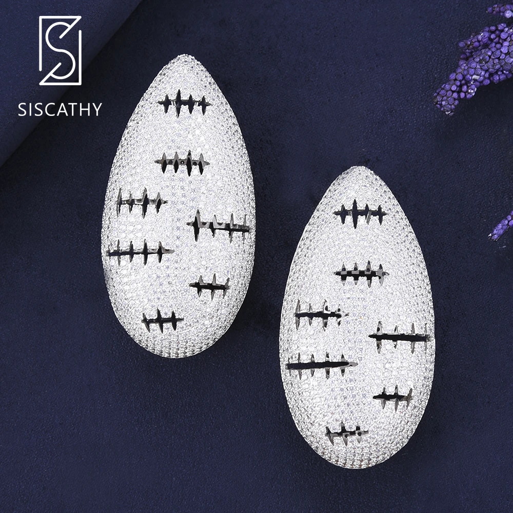 

SISCATHY Unique Women Big Earrings Rugby Shape Cubic Zirconia Inlaid Drop Dangle Earrings For African Women Bridal Engagement