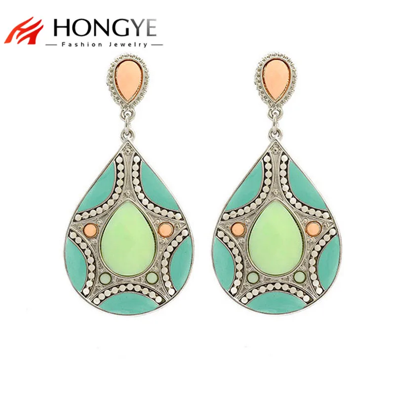 

HuiMei Ethnic 2018 New Arrival Fashion Women Resin Beads Link Pendant Drop Earrings Statement Big Long Earrings Bohemia Vintage