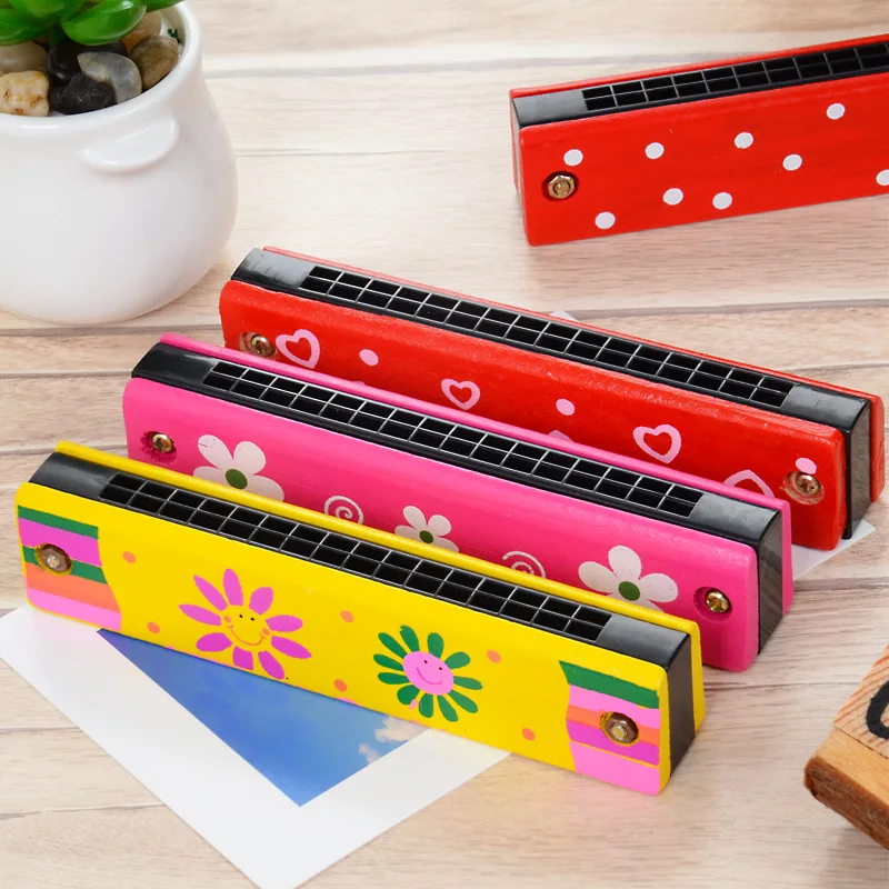 Colorful Cartoon Wooden Harmonica 16Holes Tremolo Harmonica Kids Musical Instrument Educational