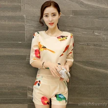 Women Summer Bird Print Korean Fashion Shorts And Half Sleeve Yarn Patchwork Harajuku Shirt Suit Casual Sexy Party Club Clothing