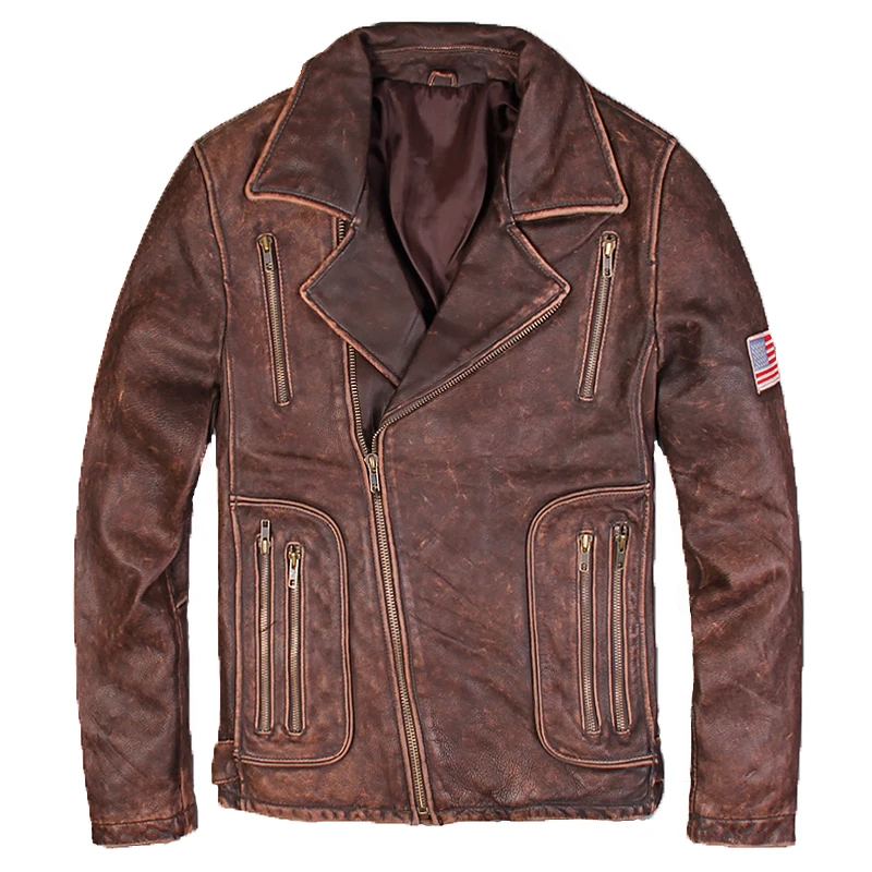 

HARLEY DAMSON Vintage Brown Diagonal Zipper Motorcycle Leather Jacket Plus Size XXXL Genuine Cowhide Biker's Leather Coat