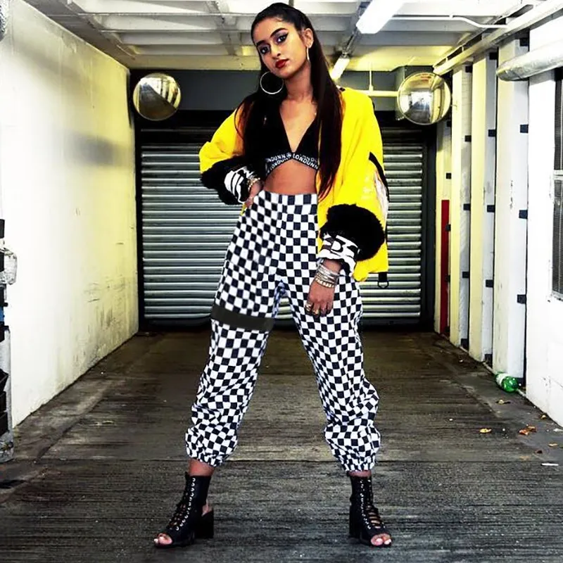 Fashion Women Checkerboard Pattern Patchwork Striped Casual Pants High Wiast Plaid Sweatpants
