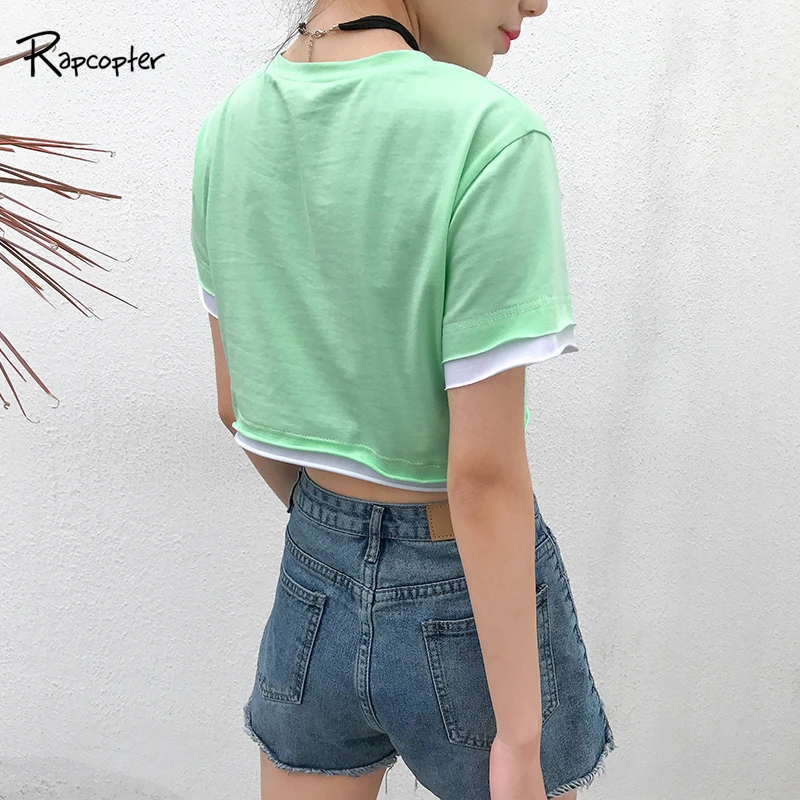 

Rapcopter Printed Letter Casual Tee Shirt Women Korean Style Cute Mint Green Crop T-Shirt 2019 Loose Cotton Woman Tshirt Summer