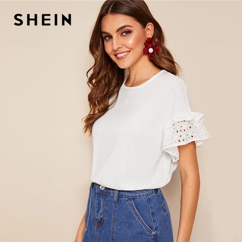 SHEIN Schiffy, футболка с оборкой, женская одежда,, короткий рукав, круглый вырез, белая футболка, рукава с воланом, одноцветные, милые женские топы