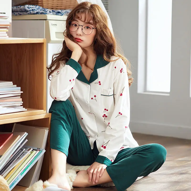 100% Cotton Comfortbale Women Pajamas Suit Cartoon Print Sweet Night Sleep Clothes Lady Turn-down Collar Shirt+Pants Home Sets 100% Cotton Comfortbale Women Pajamas Suit Cartoon Print Sweet Night Sleep Clothes Lady Turn-down Collar Shirt+Pants Home Sets