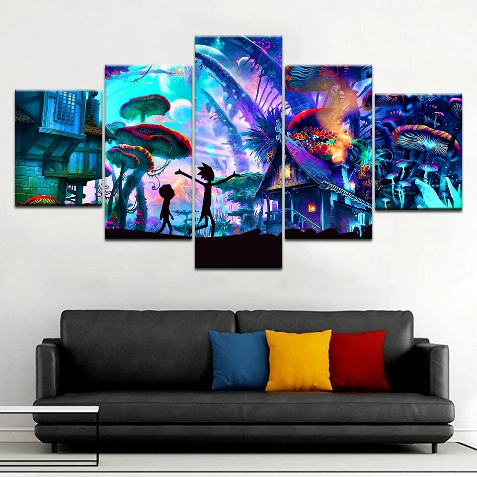5piece Poster Canvas Mushroom World Rick And Morty Canvas Set Wall