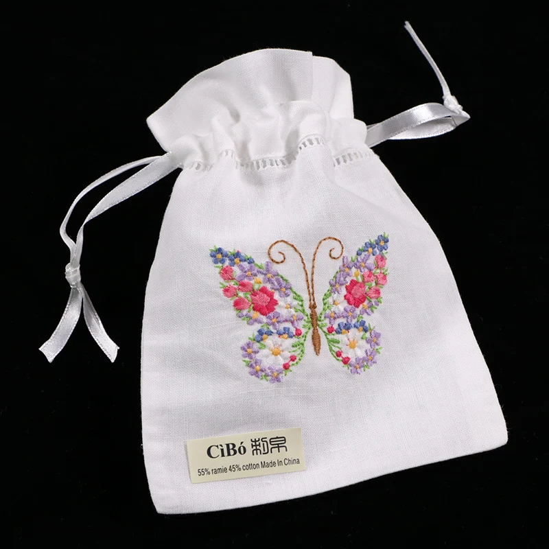 

B004 : 12 pieces /pack white ramie/cotton drawstring embroidery flower butterfly gift bags, 5x7 inches sachet bags, travel pouch