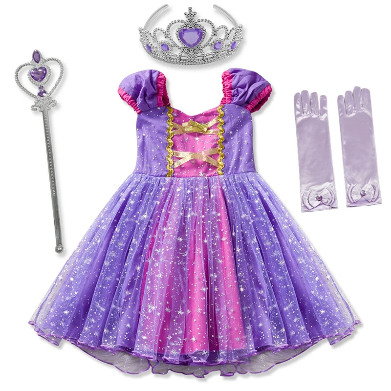 Младенца девушка-Рапунцель платье принцессы Детские костюмы косплей платья дорогой расшитый фиолетовое вечернее платье с аксессуары От 1 до 5 лет, одежда для девочек
