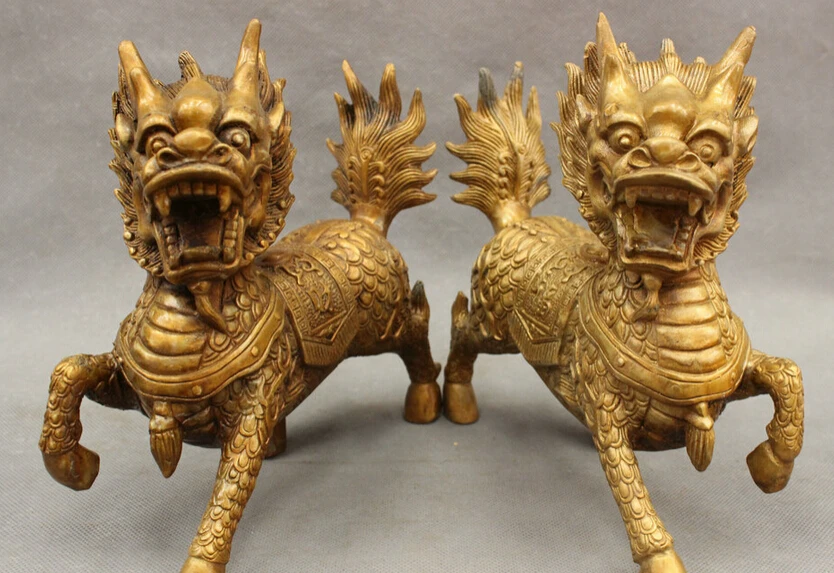 

S3905 8" FengShui Chinese Bronze Copper Folk Guard Dragon Kylin Chi-lin Statue Pair D0317
